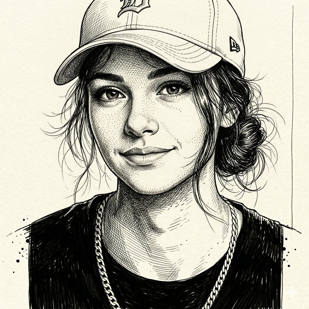 一幅高对比度的钢笔素描肖像，描绘一位神情真挚、目光深情的年轻女性，基于一幅细腻的铅笔素描。风格采用繁复的交叉影线与细密点画技法来营造深度与阴影。她的头发松散地盘成凌乱的发髻，几缕蓬松飞扬的发丝...