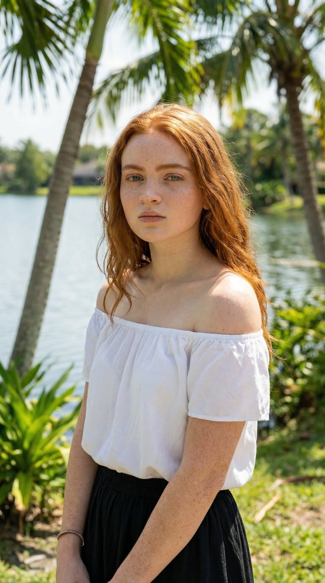 young woman standing outdoors near a tropical lake surrounded by palm trees, wearing a fitted wh...