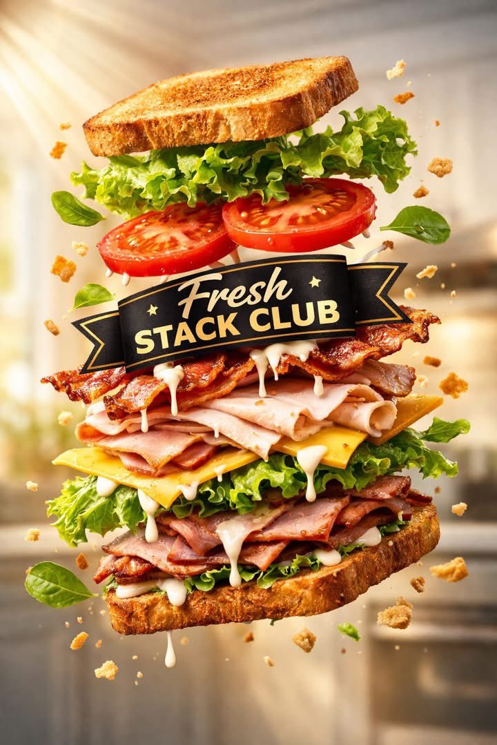 高端商业产品摄影：一个（三明治）标签为"(Fresh Stack Club)"，悬浮于半空，采用分层（爆炸式倾斜视角）展示，呈现鲜艳的（多层质感），酱汁逼真滴落。周围环绕着飞舞的（生菜、番茄、...