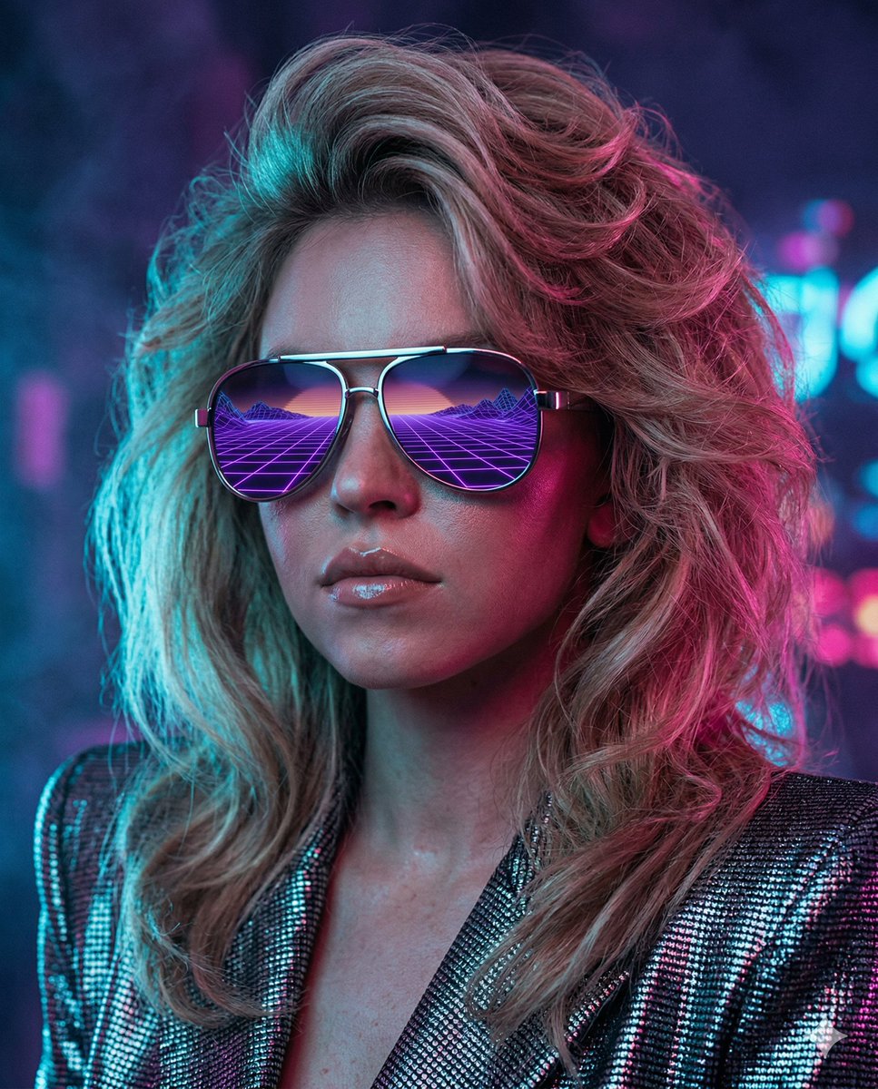 悉尼·斯威尼（Sydney Sweeney）电影级特写人像，以高档时尚的1980年代复古未来主义美学重新演绎。她佩戴着一副超大尺寸、超抛光镀铬飞行员太阳镜，镜片上清晰、细致地映射出一条向数字落...
