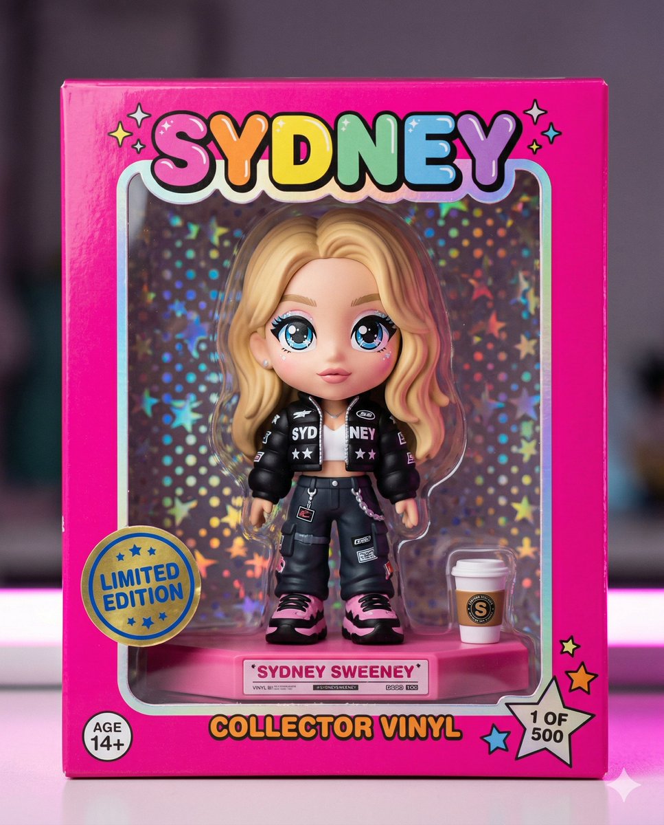 专业摄影棚玩具摄影，主题为限量版 Sydney Sweeney 设计师乙烯基收藏人偶。该人偶为风格化夸张造型，拥有超大、富有表现力的闪亮蓝色眼睛、标志性的柔软质感金色头发，以及一套高端时尚街头...