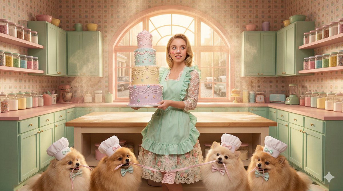 电影级广角编辑风格人像摄影，镜头中是悉尼·斯威尼（Sydney Sweeney）饰演的一位笨拙却迷人的美食糕点师，场景设在一间精心对称、灵感来自韦斯·安德森风格的粉彩厨房中。她身穿复古1950...