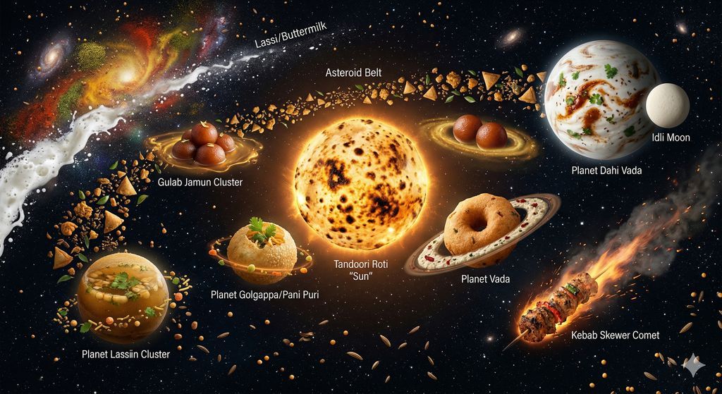 创建一个宇宙/太空场景,各种印度街头小吃漂浮在深空中,仿佛它们是美味星系中的行星、卫星和天体。 【美食太阳系】 - 中心(太阳):一个巨大的圆形馕坑烤饼(tandoori roti),像恒星一...