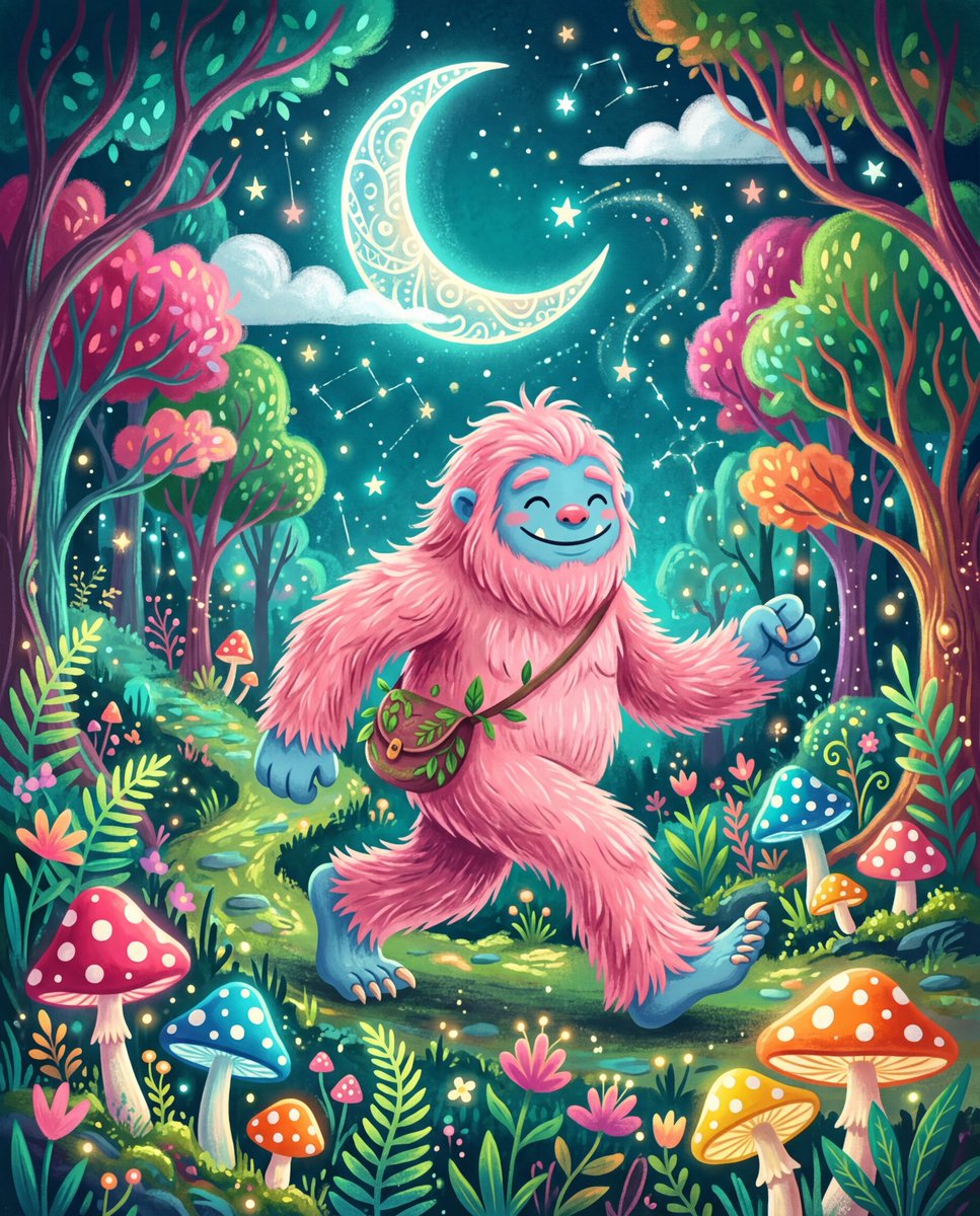 一幅充满奇趣的插画描绘了一只粉色、毛茸茸的、类似大脚怪的生物，拥有蓝色的皮肤和面部特征，在夜晚的奇幻森林中阔步前行。生物的毛发以柔和、羽毛般的笔触呈现，双眼在温柔的微笑中紧闭。上方，一轮巨大的...