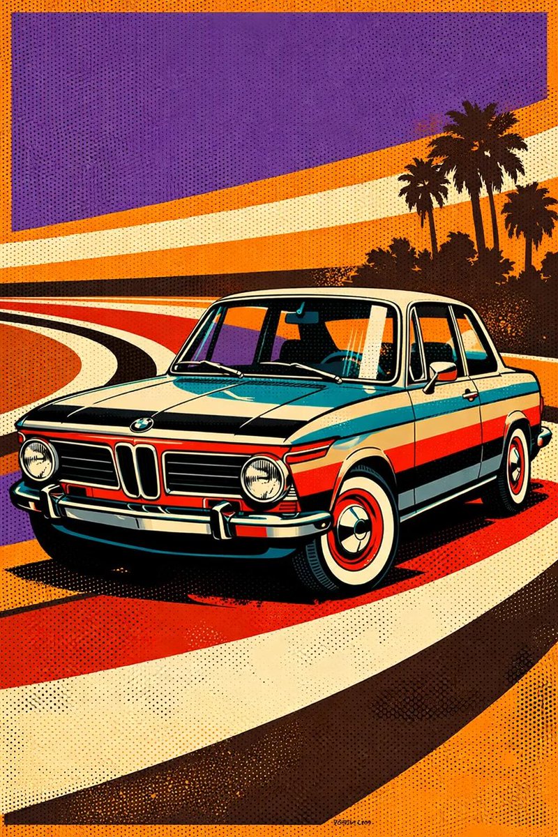 充满活力的波普艺术海报，主体为1960至70年代的[VEHICLE]，采用大胆的几何设计。多色水平条纹涂装：[COLOR]、[COLOR]、[COLOR]与黑色。配有镀铬细节和白边轮胎，轮胎带...