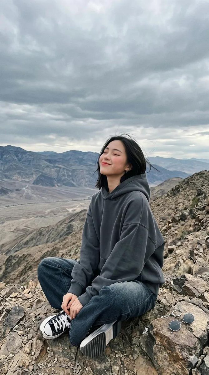 一段电影般的全景画面在戏剧性阴云笼罩的天空下，于一处嶙峋的山脊上徐徐展开。一位女性盘腿坐于石质岩架之上，身着超大号白色印花卫衣、深色阔腿牛仔裤以及黑白配色的厚底运动鞋。她头部微微后仰，双眼轻闭...