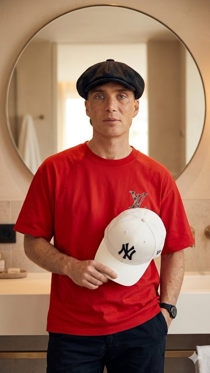 创建一张高分辨率图像，要求面部匹配度达 100%。参考图像中（Thomas Shelby）那位有审美、时尚的男人，自信地摆姿势，置身于暖色调、极简风格的浴室环境中。他身穿一件大胆的红色 ove...