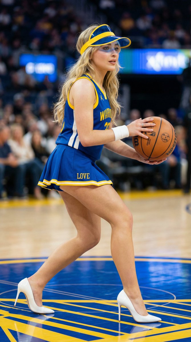 { "subject": { "identity": "Sabrina Carpenter 饰演篮球运动员，二十多岁，身材娇小的运动型女性身形", "hair": "柔软的金发，造型为松散的波...