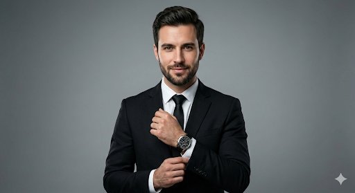 Soft studio lighting with subtle rim light to create depth, Handsome man with well-groomed dark...