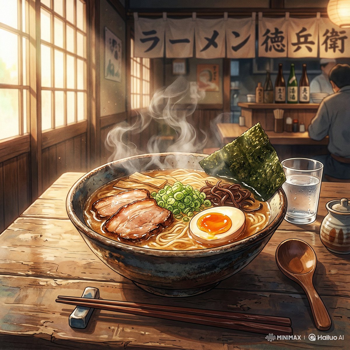 一幅令人惊叹的电影级动漫插画，画中是一份刚刚烹制好的 [subject]（食物），盛放于 [container or surface]（容器或餐盘）之中，以略微俯视的角度进行观察。柔和的晨光从...