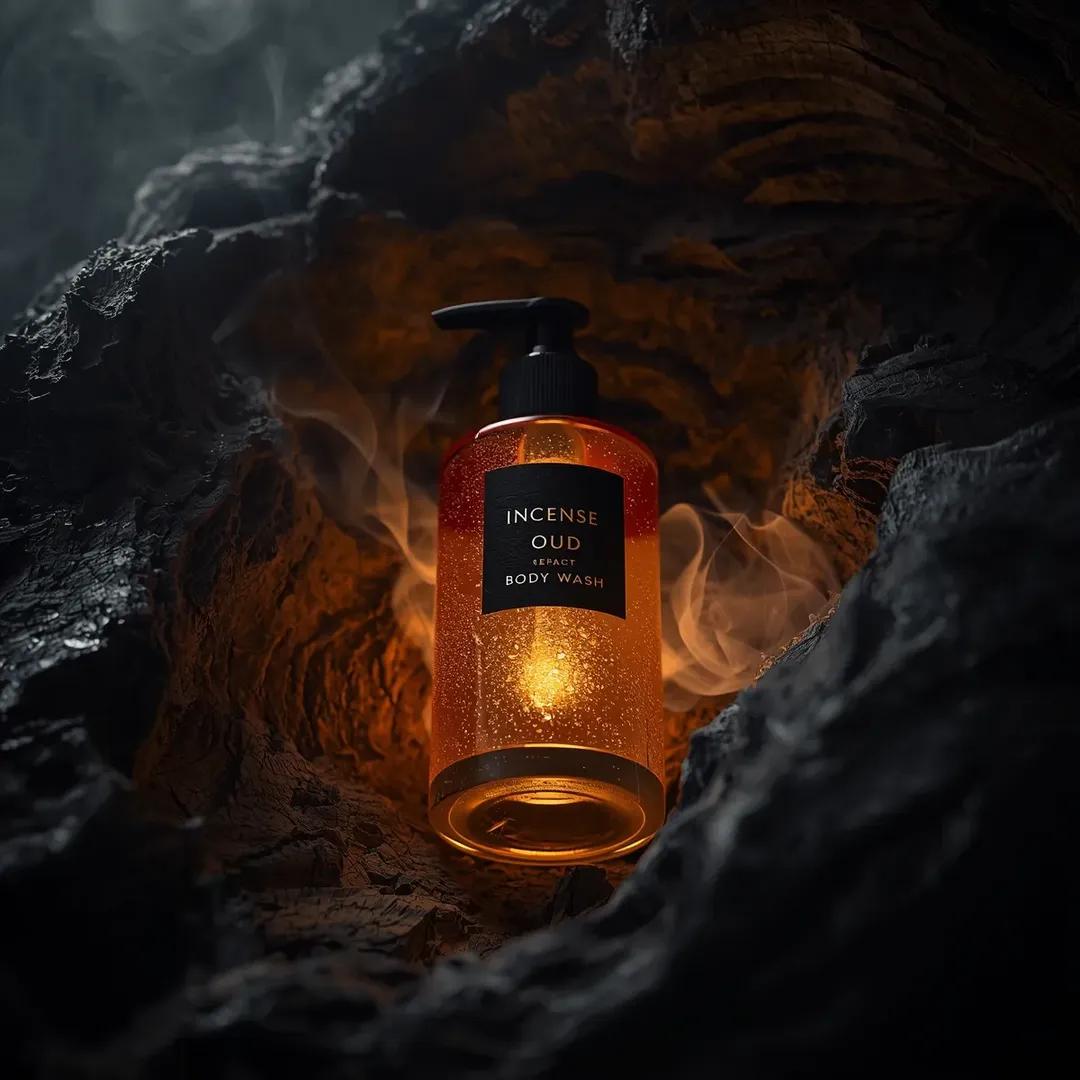 超写实高端沐浴露产品摄影画面（沉香乌木沐浴露 Incense Oud Body Wash），置于略微倾斜的俯视角度，安放在粗犷的深色纹理浮木环境中，半透明的琥珀色玻璃瓶搭配黑色按压泵头，从内部...