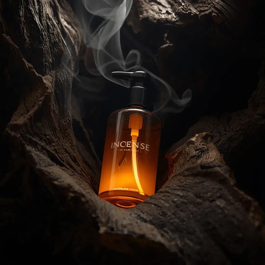 超写实高端沐浴露产品摄影画面（沉香乌木沐浴露 Incense Oud Body Wash），置于略微倾斜的俯视角度，安放在粗犷的深色纹理浮木环境中，半透明的琥珀色玻璃瓶搭配黑色按压泵头，从内部...