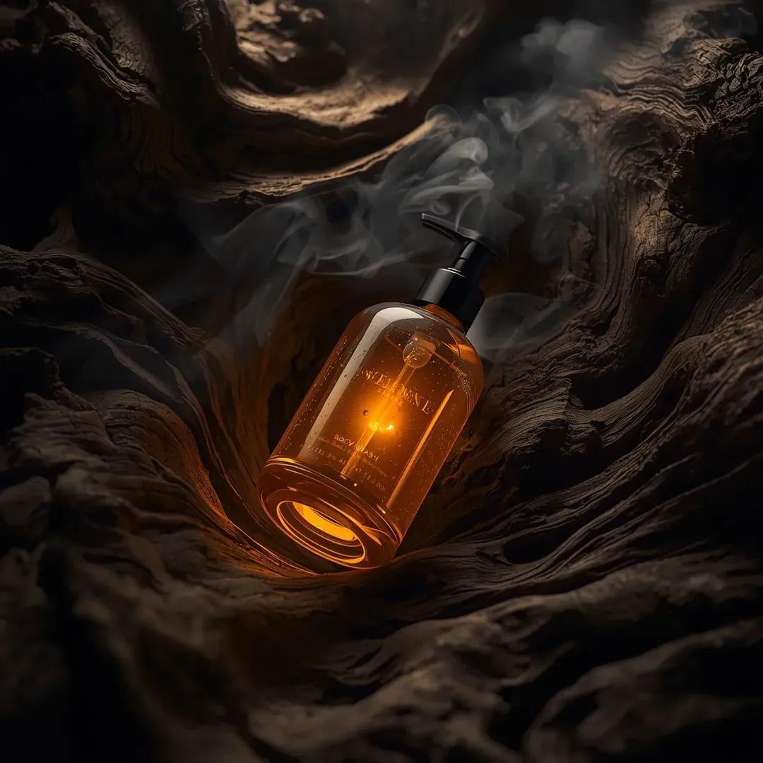 超写实高端沐浴露产品摄影画面（沉香乌木沐浴露 Incense Oud Body Wash），置于略微倾斜的俯视角度，安放在粗犷的深色纹理浮木环境中，半透明的琥珀色玻璃瓶搭配黑色按压泵头，从内部...