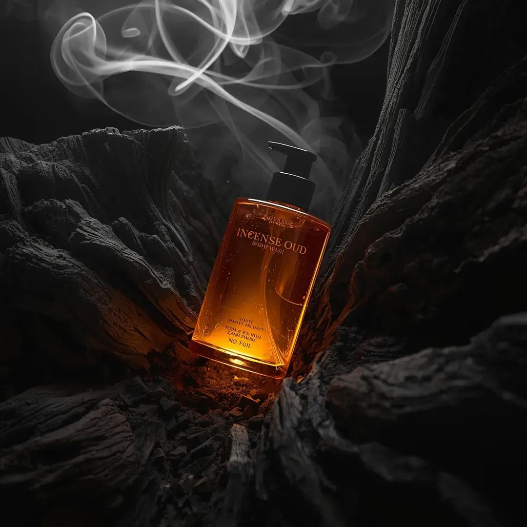 超写实高端沐浴露产品摄影画面（沉香乌木沐浴露 Incense Oud Body Wash），置于略微倾斜的俯视角度，安放在粗犷的深色纹理浮木环境中，半透明的琥珀色玻璃瓶搭配黑色按压泵头，从内部...