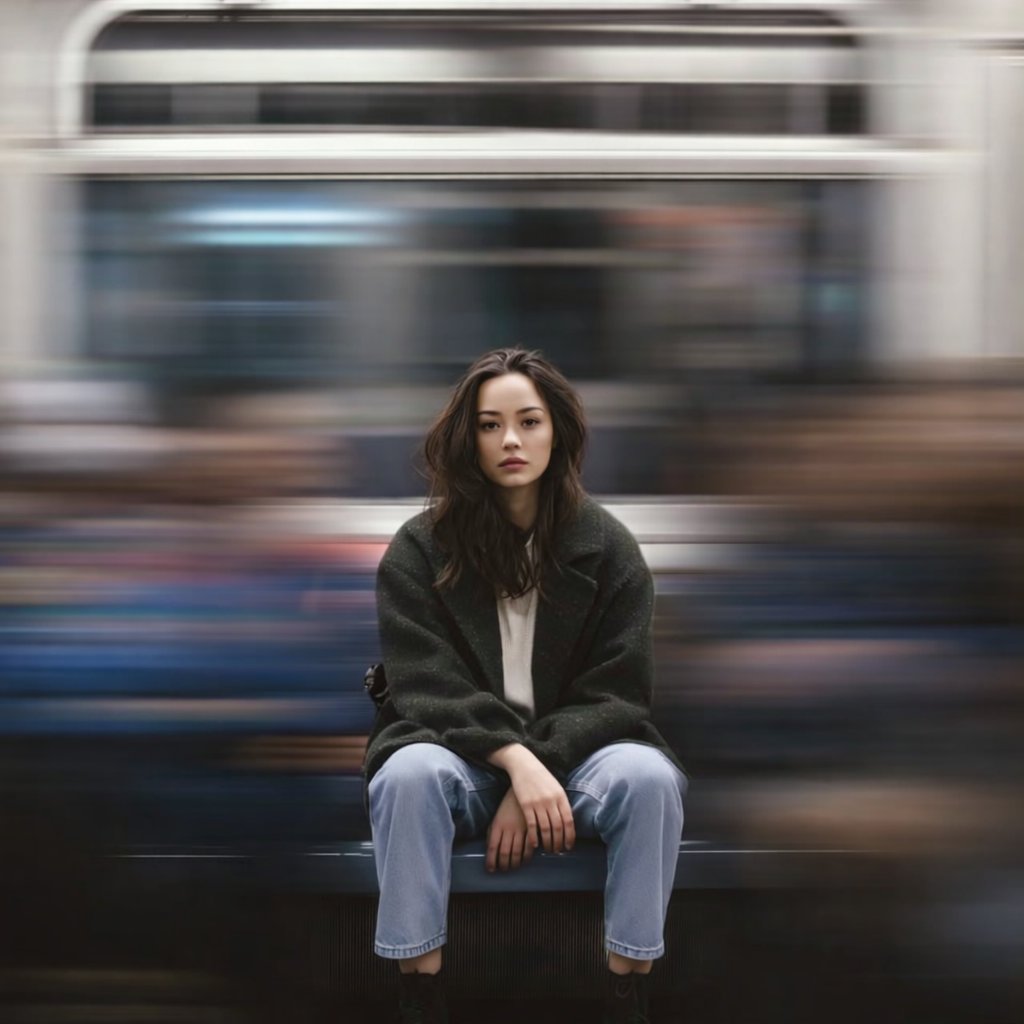 一张电影感的人像照片：一位年轻女子独自坐在地铁站台的座椅上,位于画面正中央,平静而略带严肃地直视镜头。她身穿一件宽松的深绿色大衣、浅色毛衣、浅蓝色牛仔裤和黑色靴子。她的头发松散,略显凌乱。背景...