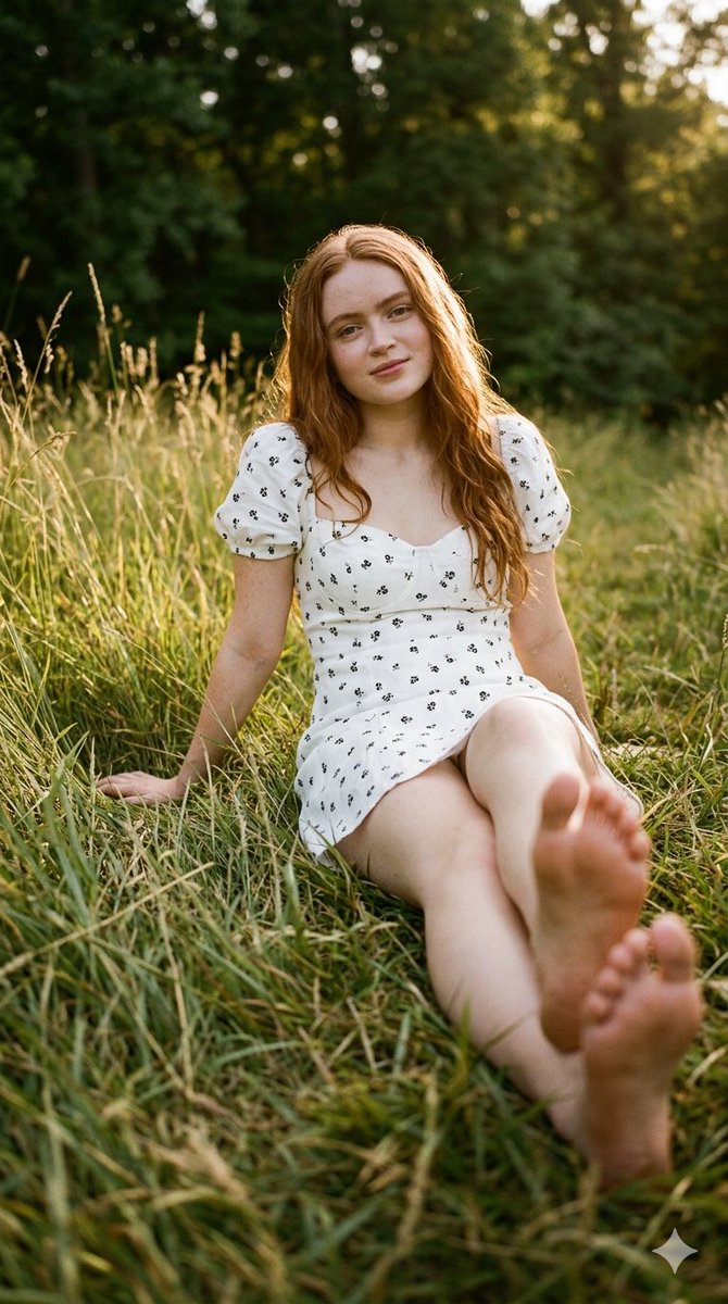 image_prompt, 9:16, Sadie Sink, 赤脚坐在地上，距离相机非常近, 身体微微向左倾斜, 用右手支撑身体, 向前伸展，赤裸的脚部极度贴近镜头，主导前景, 优雅地收在身...