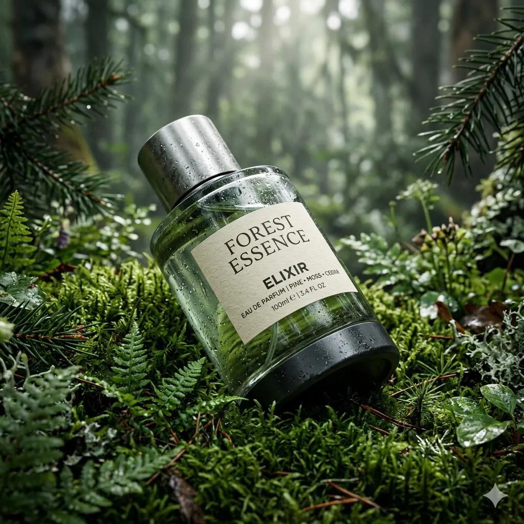 超写实高端香水产品摄影：一瓶香水（Forest Essence Elixir / 森林精华灵药），以（低角度微距斜拍镜头）构图，斜倚在茂密的（森林环境中的深绿色苔藓表面）上，瓶身为圆柱形设计，...