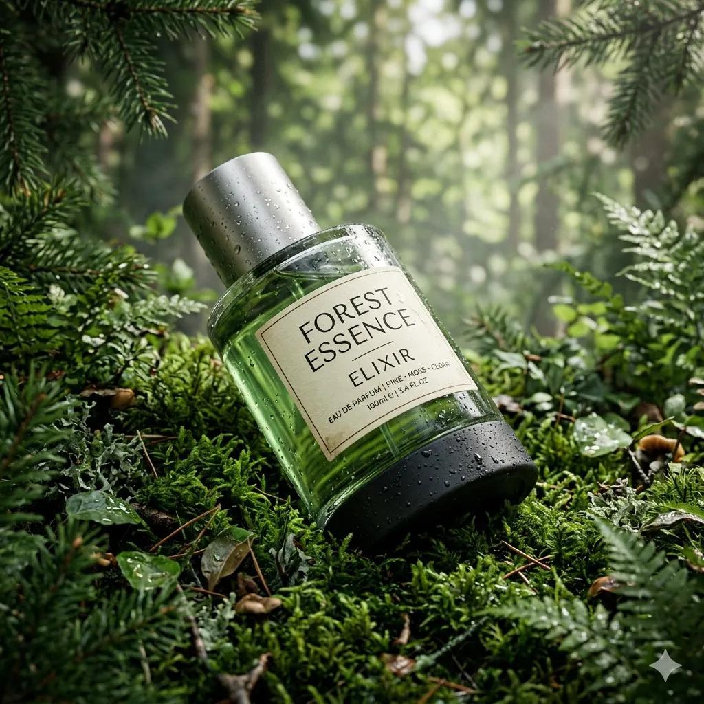 超写实高端香水产品摄影：一瓶香水（Forest Essence Elixir / 森林精华灵药），以（低角度微距斜拍镜头）构图，斜倚在茂密的（森林环境中的深绿色苔藓表面）上，瓶身为圆柱形设计，...
