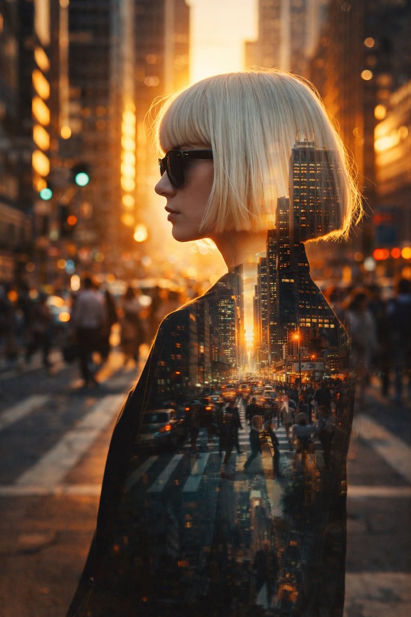 超写实电影感的图像：一位女性站在日落时分繁忙的城市街道上。她以侧脸示人，戴着太阳镜，留着铂金白色齐耳波波头和干净利落的直刘海。她的身影中包含城市双重曝光叠加效果，展示着摩天大楼、红绿灯以及走过...