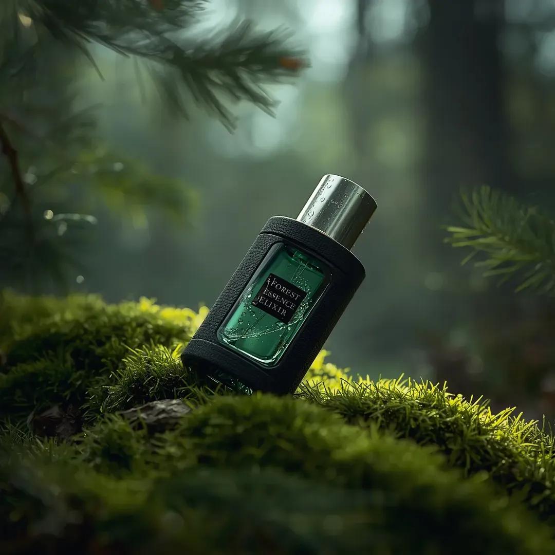 超逼真的高端香水产品摄影：一瓶香水（Forest Essence Elixir / 森林精华灵药），以（低角度宏观斜角镜头）斜置于茂密的（森林环境中深绿色苔藓表面）上，瓶身为圆柱形设计，中央采...