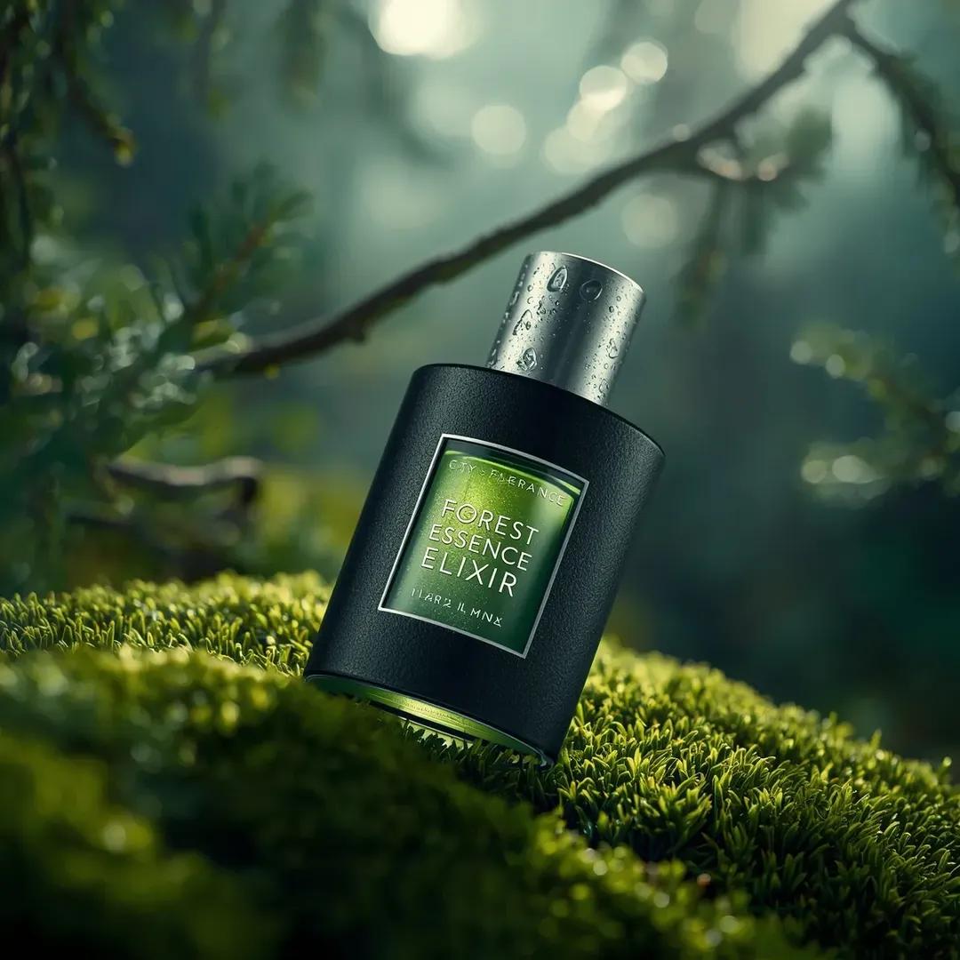 超逼真的高端香水产品摄影：一瓶香水（Forest Essence Elixir / 森林精华灵药），以（低角度宏观斜角镜头）斜置于茂密的（森林环境中深绿色苔藓表面）上，瓶身为圆柱形设计，中央采...