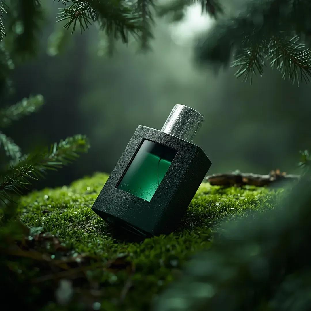 超逼真的高端香水产品摄影：一瓶香水（Forest Essence Elixir / 森林精华灵药），以（低角度宏观斜角镜头）斜置于茂密的（森林环境中深绿色苔藓表面）上，瓶身为圆柱形设计，中央采...
