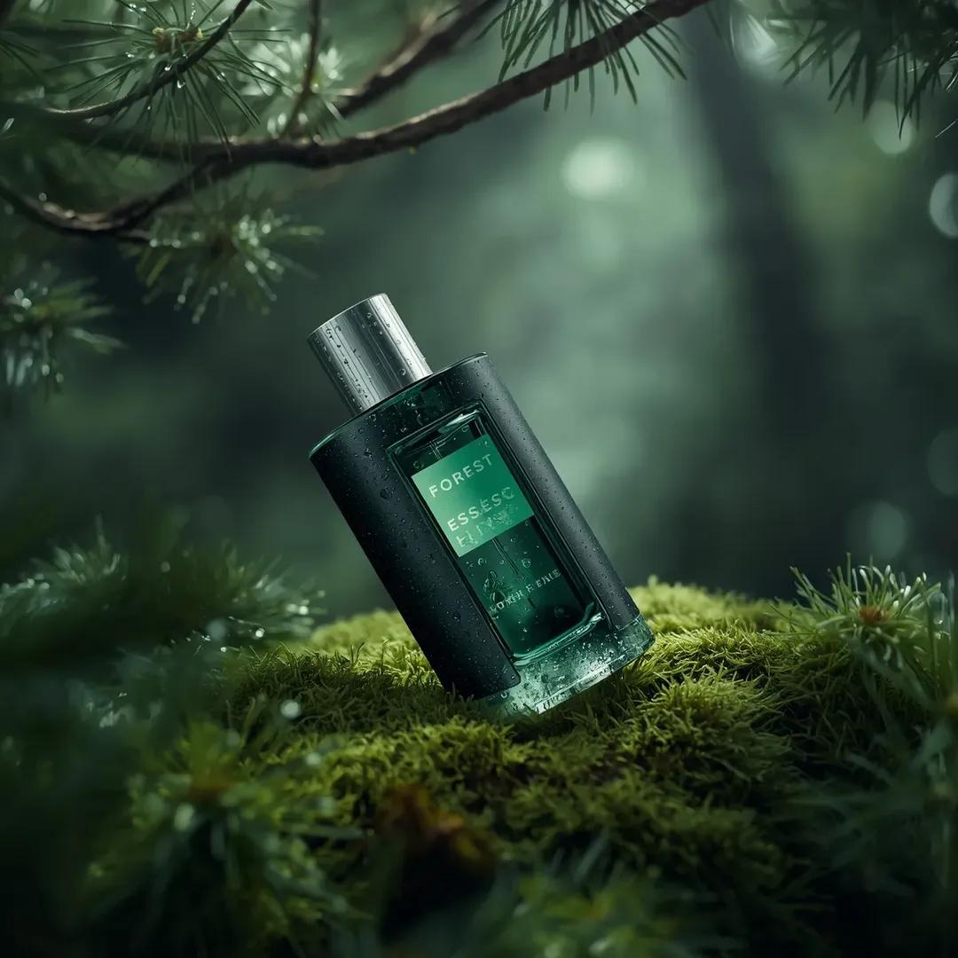 超逼真的高端香水产品摄影：一瓶香水（Forest Essence Elixir / 森林精华灵药），以（低角度宏观斜角镜头）斜置于茂密的（森林环境中深绿色苔藓表面）上，瓶身为圆柱形设计，中央采...