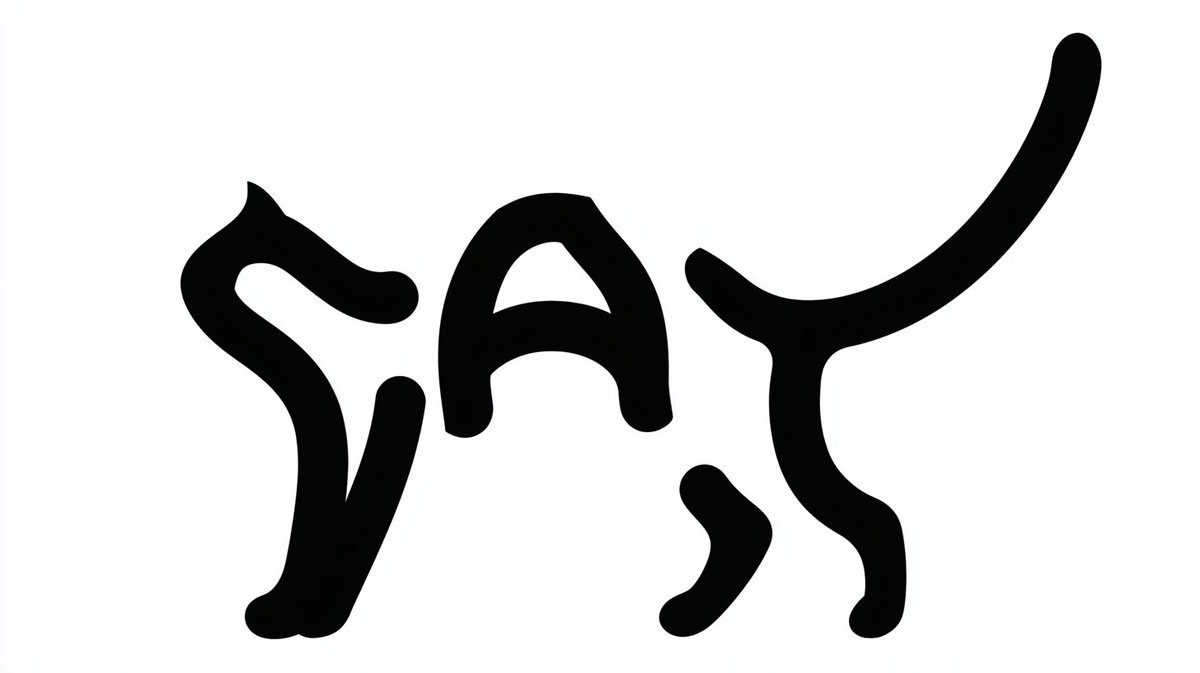 一幅艺术化的单色字体插画，其中单词 "CAT" 仅出现一次，并变形成一只伸展身体的家猫：前半身低伏，后半身略微抬起，尾巴向后延伸成优雅的弧线。不要重复该单词，也不要添加任何其他文字。这个单词必...