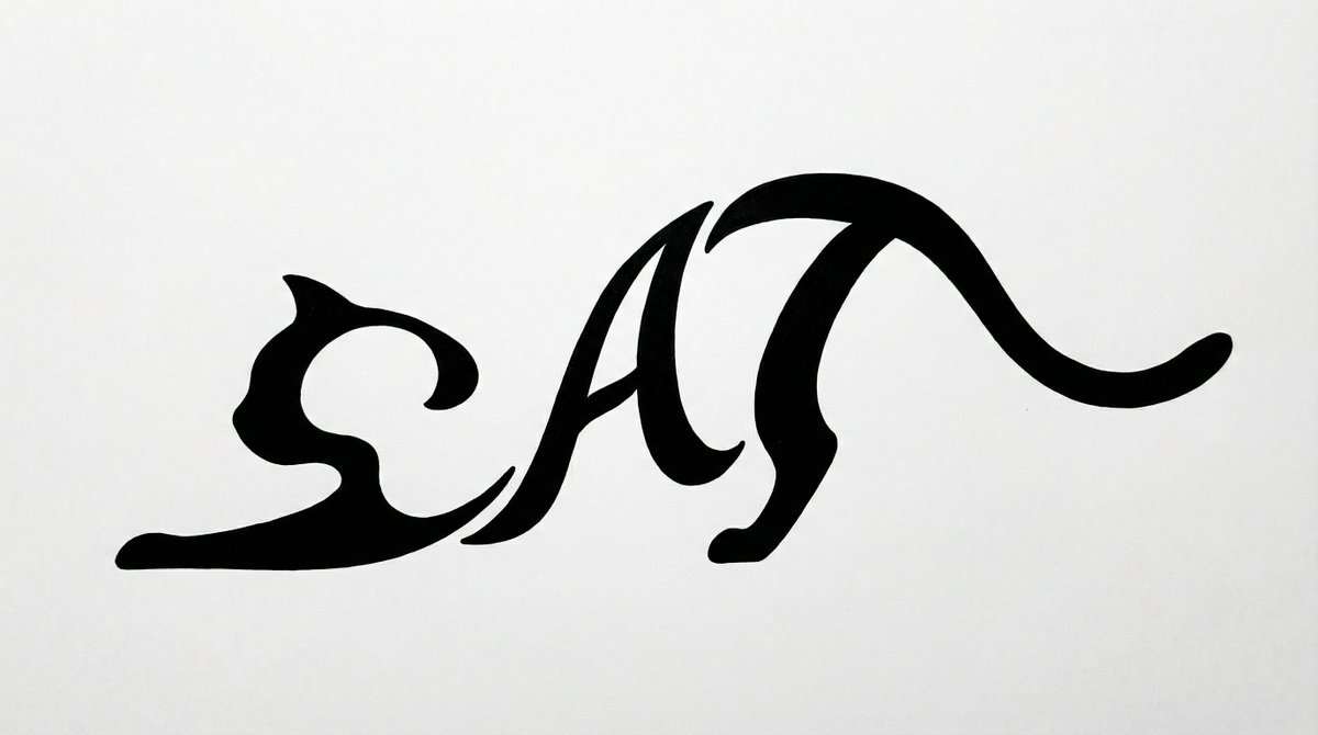 一幅艺术化的单色字体插画，其中单词 "CAT" 仅出现一次，并变形成一只伸展身体的家猫：前半身低伏，后半身略微抬起，尾巴向后延伸成优雅的弧线。不要重复该单词，也不要添加任何其他文字。这个单词必...