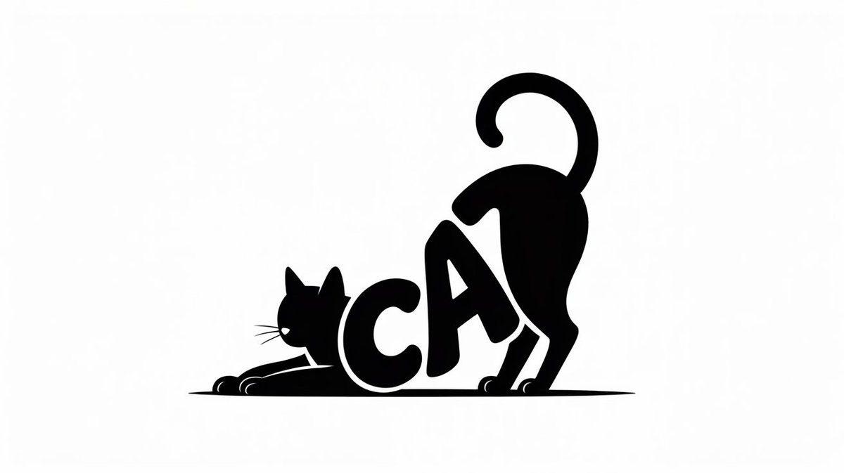 一幅艺术化的单色字体插画，其中单词 "CAT" 仅出现一次，并变形成一只伸展身体的家猫：前半身低伏，后半身略微抬起，尾巴向后延伸成优雅的弧线。不要重复该单词，也不要添加任何其他文字。这个单词必...