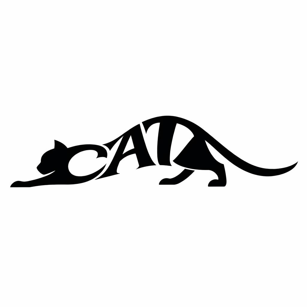 一幅艺术化的单色字体插画，其中单词 "CAT" 仅出现一次，并变形成一只伸展身体的家猫：前半身低伏，后半身略微抬起，尾巴向后延伸成优雅的弧线。不要重复该单词，也不要添加任何其他文字。这个单词必...