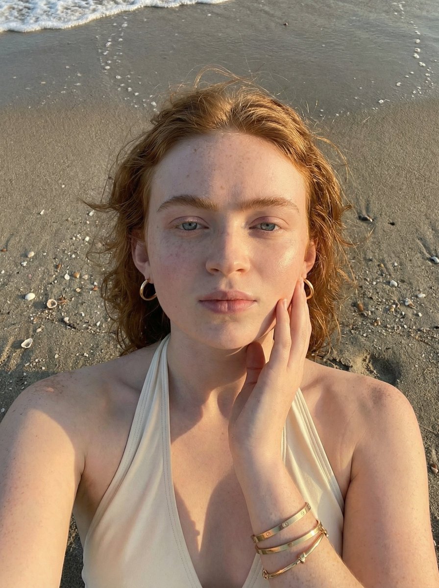 young woman taking a close-up selfie lying on wet beach sand near the shoreline, wearing a light...