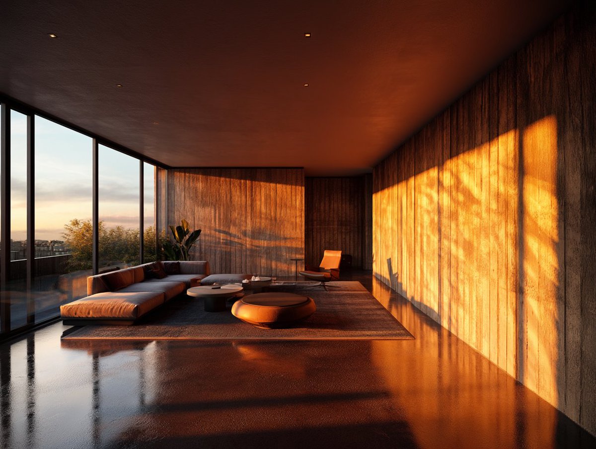 提示词工作室：室内、光影、奢华，适用于 Midjourney V8 超写实的 [luxury space] 室内空间，温暖的 [light source] 投射出长长的斜向阴影，落在 [mat...