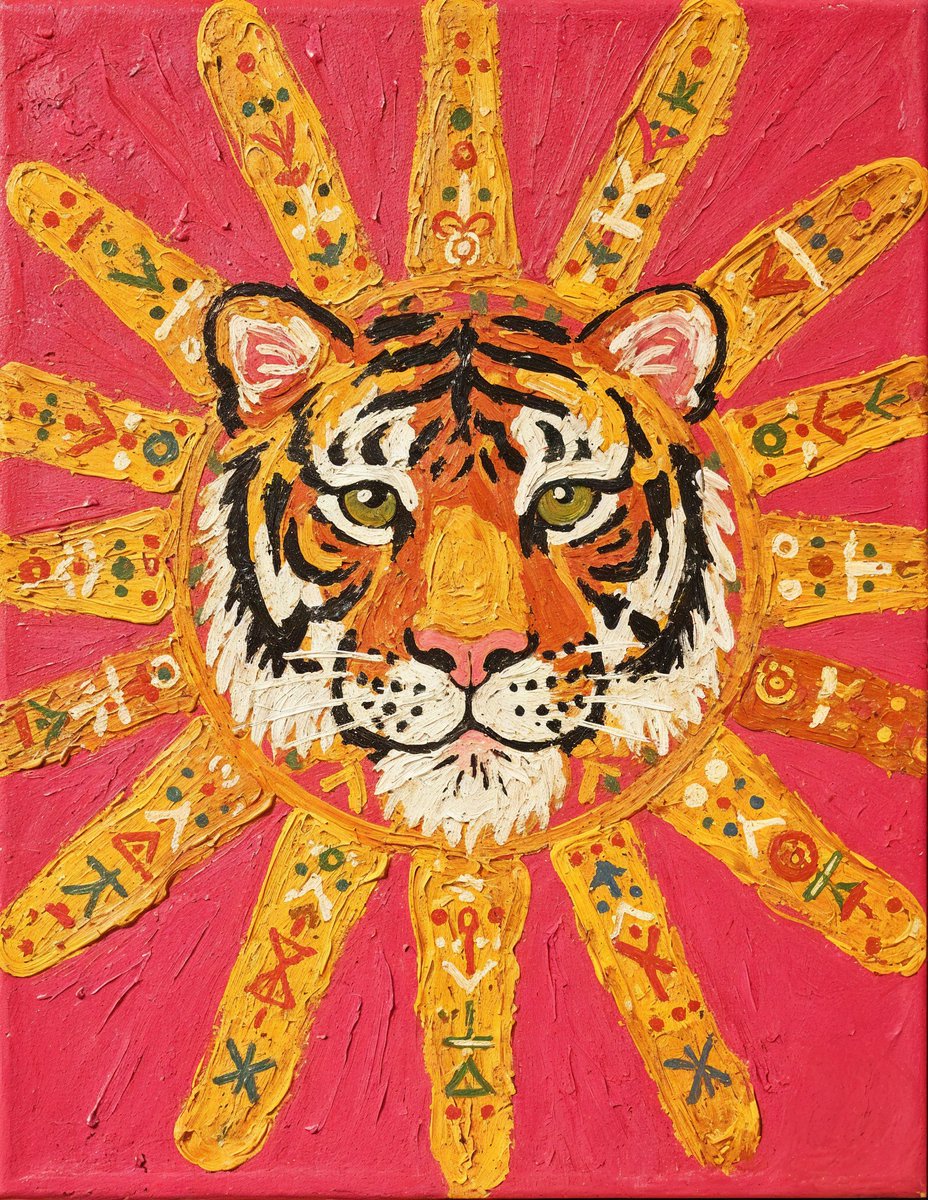 活力民俗艺术风格的丙烯绘画，画面中心是一张威严的虎面，从风格化的太阳向四周辐射，粗犷的黄色光芒向四面八方延伸，背景为平涂的亮粉红色，可见粗厚的笔触，对称构图，俏皮的天真艺术细节，高对比度色彩，...