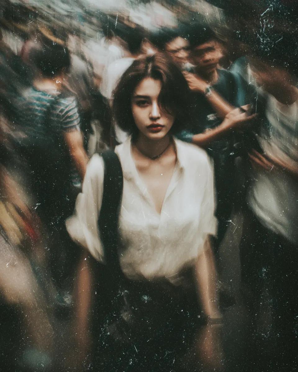 MIDJOURNEY 提示词 画面中的女子站在街道上，周围的喧嚣人群因运动而模糊，浅景深使她的面部清晰锐利，呈现带有可见颗粒、灰尘和划痕的受损胶...