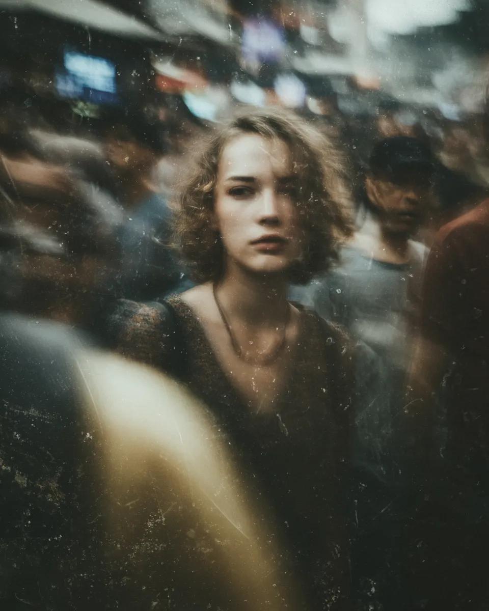 MIDJOURNEY 提示词 画面中的女子站在街道上，周围的喧嚣人群因运动而模糊，浅景深使她的面部清晰锐利，呈现带有可见颗粒、灰尘和划痕的受损胶片美学，高对比度，电影感构图，忧郁氛围。--ar...