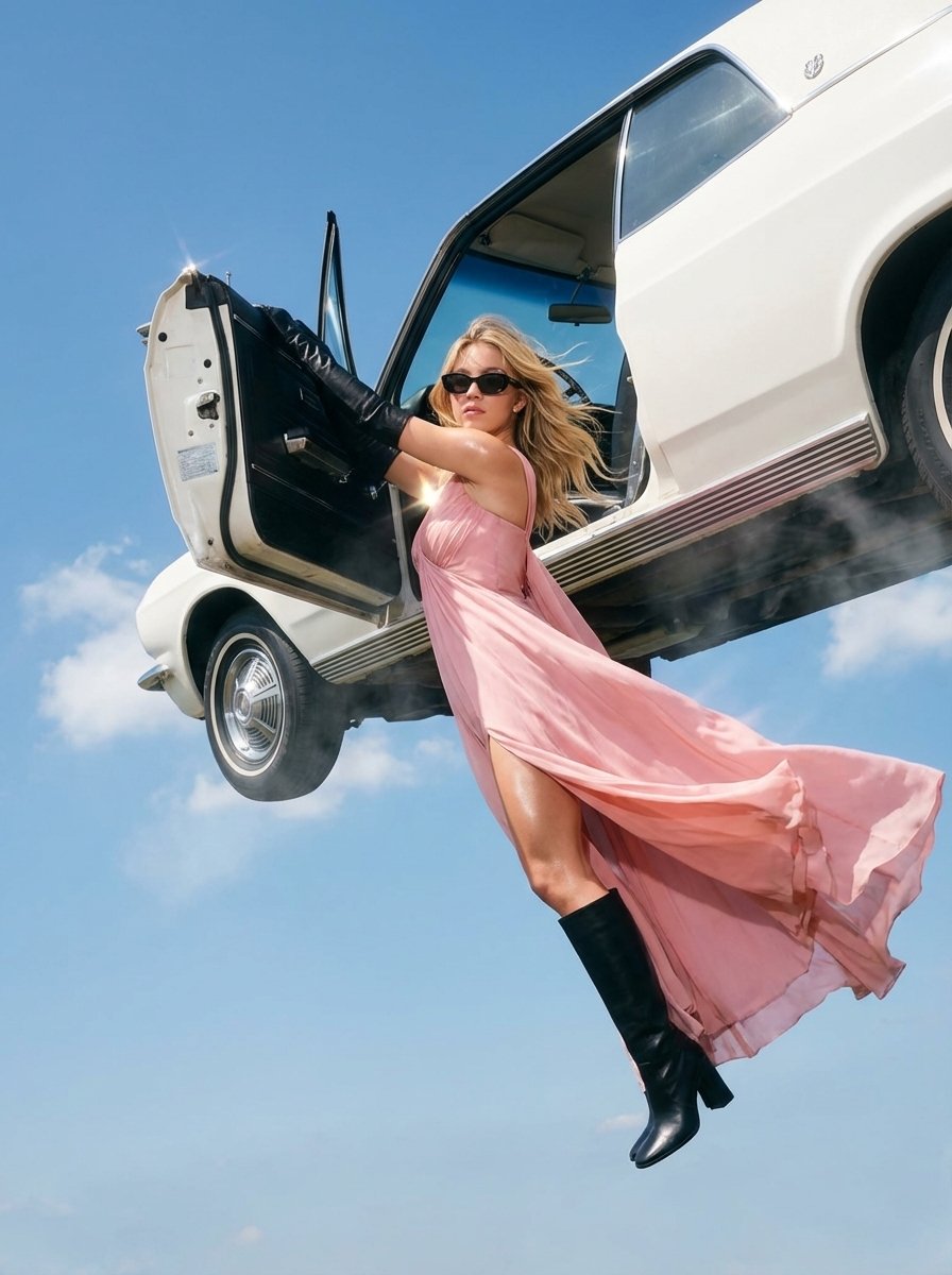 woman hanging mid-air while holding onto the open door of a floating vintage car, Use uploaded r...
