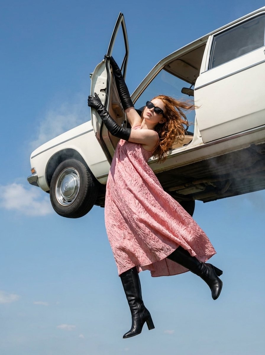 woman hanging mid-air while holding onto the open door of a floating vintage car, Use uploaded r...