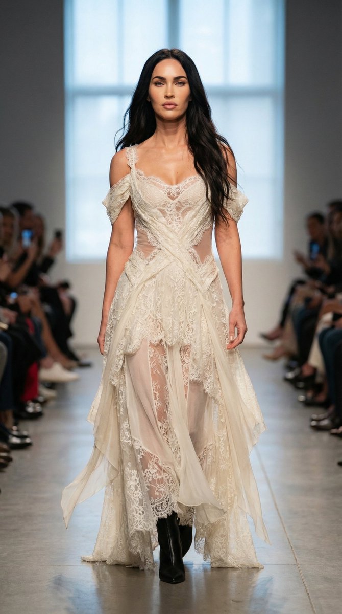 fashion model walking forward on a runway wearing a flowing lace dress, high-fashion catwalk mom...