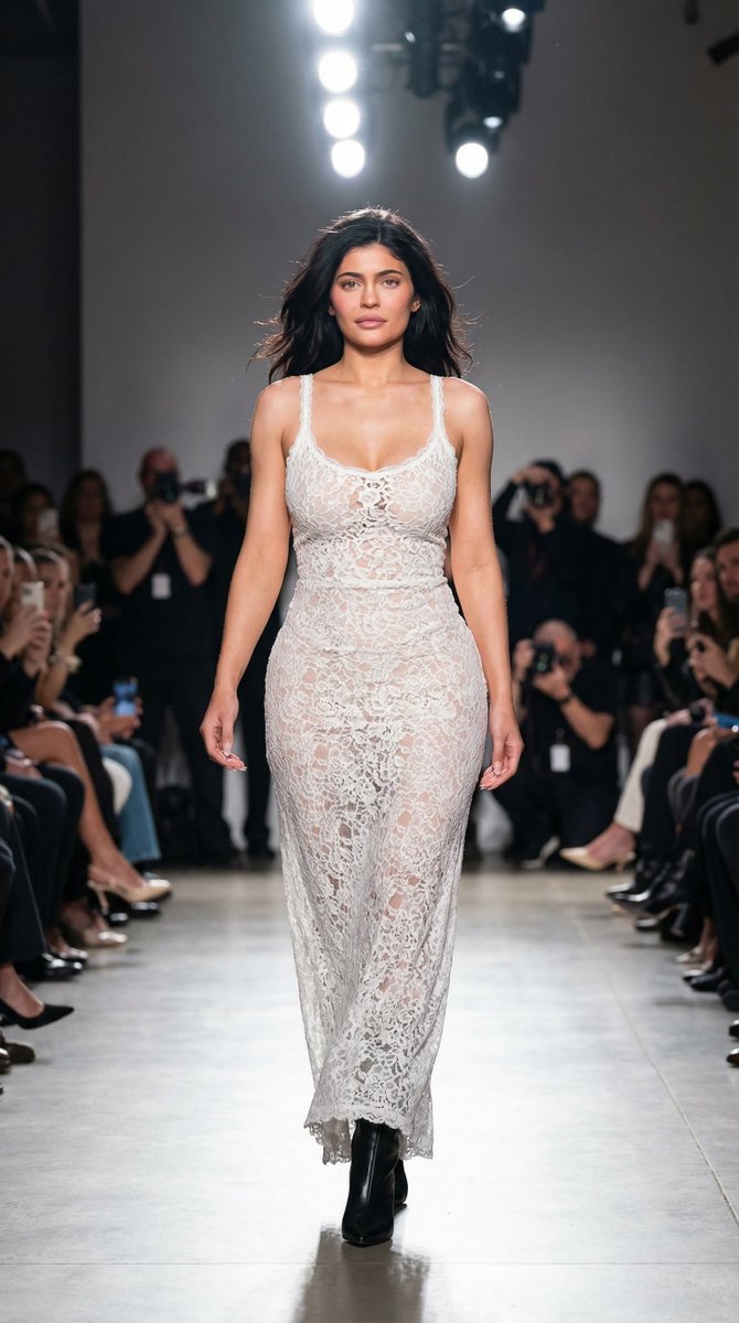 fashion model walking forward on a runway wearing a flowing lace dress, high-fashion catwalk mom...