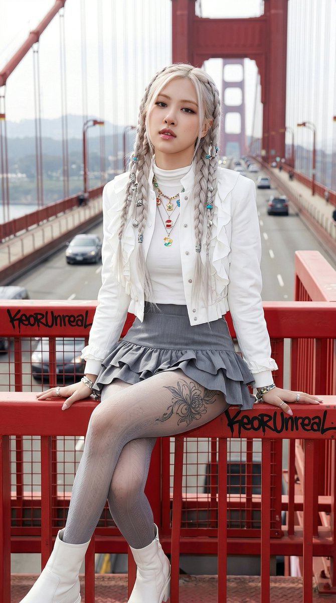 惊艳的年轻女性，白金发色编成复杂粗辫，搭配装饰珠与饰品，撩人地坐在城市大型桥梁的亮红色金属栏杆上，身体朝向镜头、双腿交叉，内搭白色高领上衣，外穿带褶皱细节的白色短款夹克，叠戴带彩色吊饰的项链，...