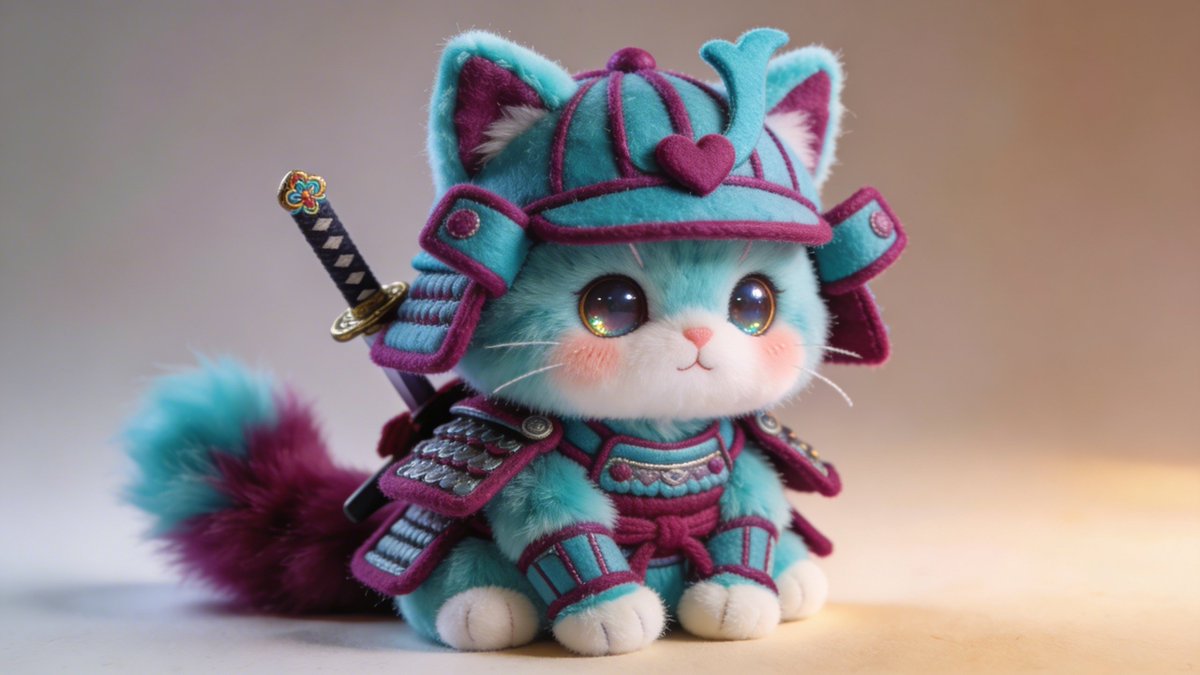 Toshi 的提示词分享： 可爱的武士猫咪毛绒玩具！🐱⚔️🧸 替换 2 种颜色的占位符， 在你选择的 AI 工具中进行调整。我使用的是 @AdobeFirefly 中的 Nano Banana...