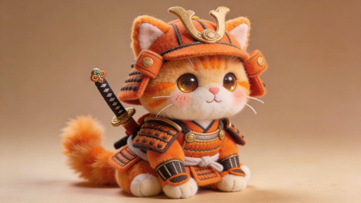 Toshi 的提示词分享： 可爱的武士猫咪毛绒玩具！🐱⚔️🧸 替换 2 种颜色的占位符， 在你选择的 AI 工具中进行调整。我使用的是 @AdobeFirefly 中的 Nano Banana...