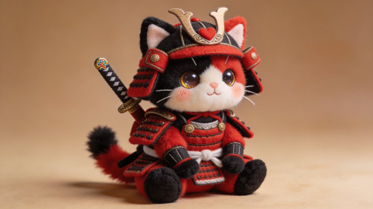 Toshi 的提示词分享： 可爱的武士猫咪毛绒玩具！🐱⚔️🧸 替换 2 种颜色的占位符， 在你选择的 AI 工具中进行调整。我使用的是 @AdobeFirefly 中的 Nano Banana...