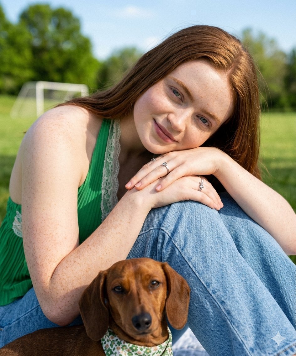 一位美丽的年轻女性，长相酷似 Sadie Sink，留着长直的红棕色头发，肤色白皙，五官精致出众，在一个阳光明媚的晴朗日子里，坐在阳光灿烂的绿色公园中的一条白色绗缝野餐毯上。她身穿一件鲜艳的绿...