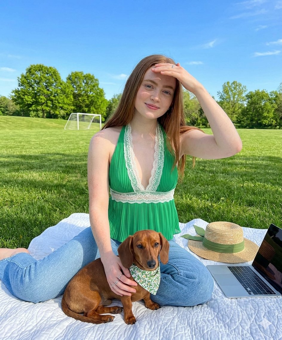 一位美丽的年轻女性，长相酷似 Sadie Sink，留着长直的红棕色头发，肤色白皙，五官精致出众，在一个阳光明媚的晴朗日子里，坐在阳光灿烂的绿色公园中的一条白色绗缝野餐毯上。她身穿一件鲜艳的绿...