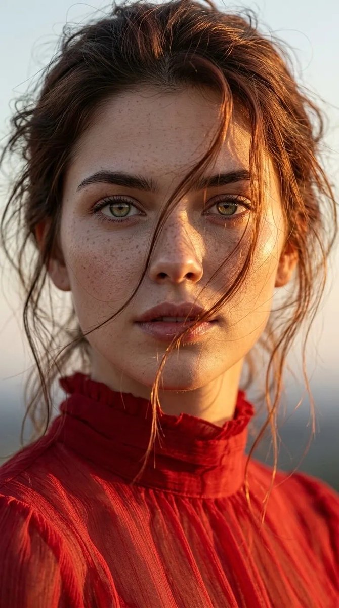 超写实肖像：一位年轻、脸上有雀斑的女性，绿色眼睛，自然肌肤质感，穿着红色高领薄纱上衣。黄金时段阳光在她脸上投射出温暖的高光和柔和的阴影。略显凌乱的棕色头发被风吹动，发丝散落在脸庞前。表情平静而...