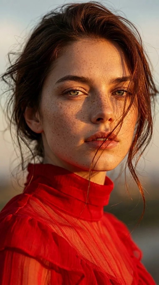 超写实肖像：一位年轻、脸上有雀斑的女性，绿色眼睛，自然肌肤质感，穿着红色高领薄纱上衣。黄金时段阳光在她脸上投射出温暖的高光和柔和的阴影。略显凌乱的棕色头发被风吹动，发丝散落在脸庞前。表情平静而...