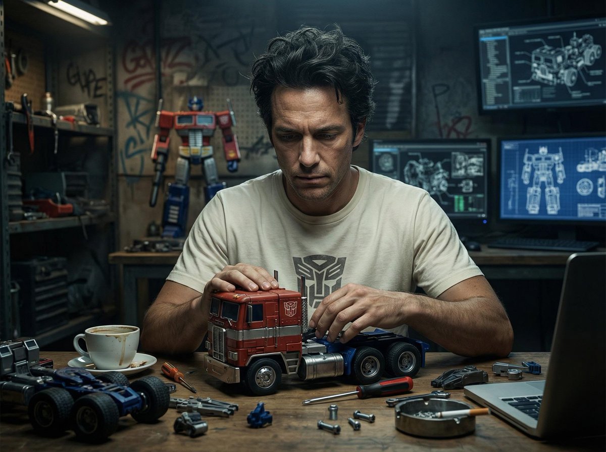 Optimus Prime 玩具组装工坊, 超写实电影级肖像, 男性（基于图像 2）, 凌乱, 专注且一丝不苟, 坐在工作台前组装玩具模型, 象牙白, Autobots, 聚焦于主体的昏暗电影...