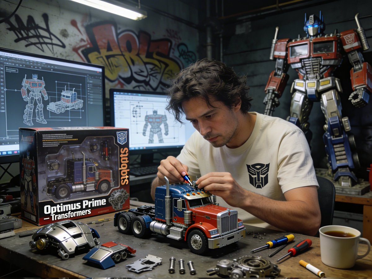 Optimus Prime 玩具组装工坊, 超写实电影级肖像, 男性（基于图像 2）, 凌乱, 专注且一丝不苟, 坐在工作台前组装玩具模型, 象牙白, Autobots, 聚焦于主体的昏暗电影...